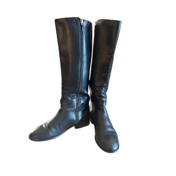 Tory Burch Black Leather Riding Boots Women’s 7M  Gold Buckle & Logo Detail - Picture 1 of 11